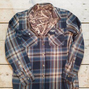 Duck Commander Reversible Hunting Flannel Shacket Mens M Blue Brown Plaid Max-4